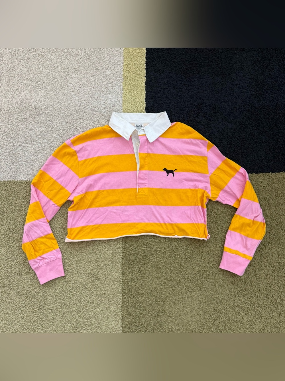 PINK Victoria's Secret Pink & Mustard Striped Cropped Rugby Polo